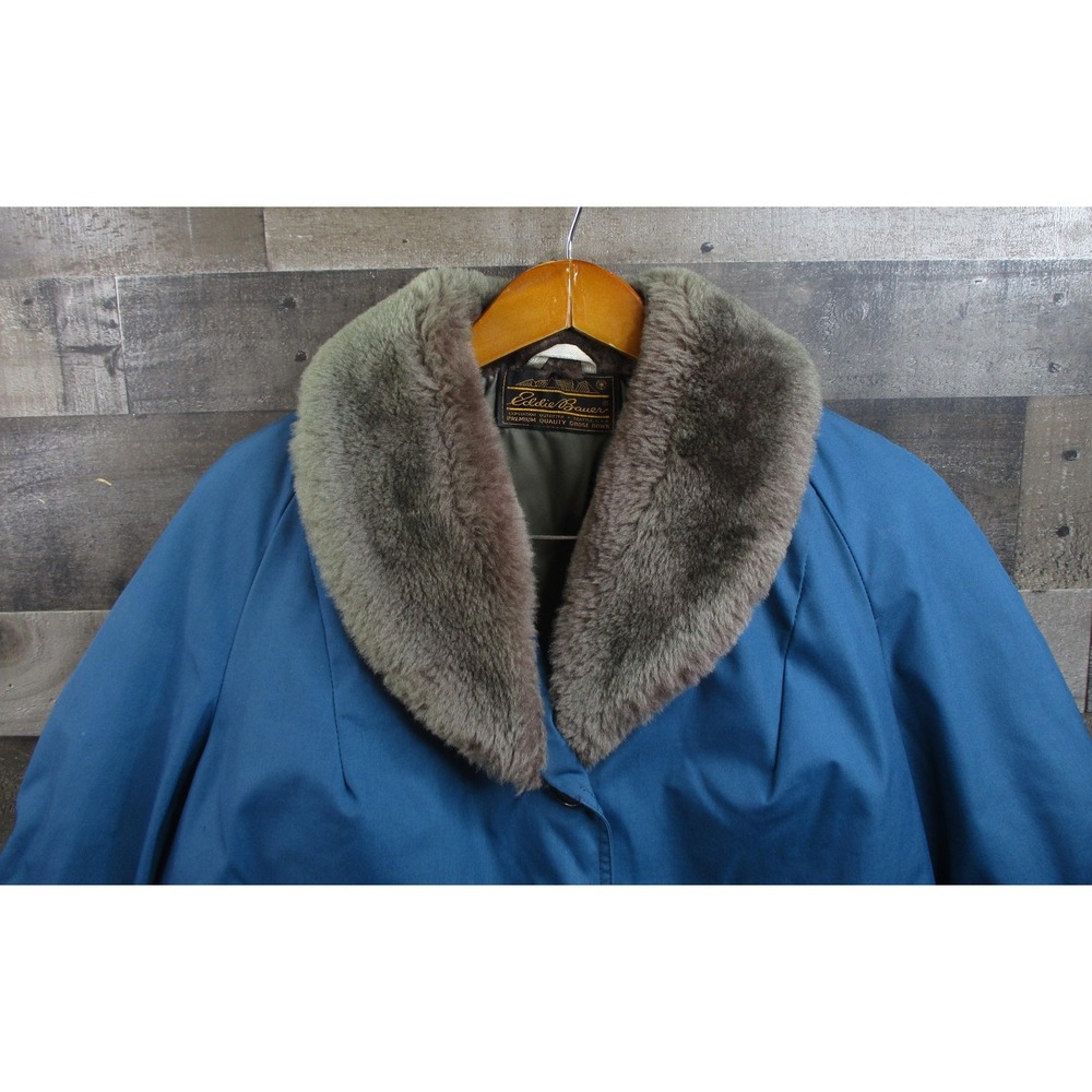 Vintage Eddie Bauer Jacket Womens Large Blue Goose Down Fur Collar Coat 70s